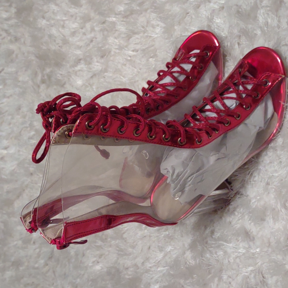 Red Lace up Peep-Toe Booties